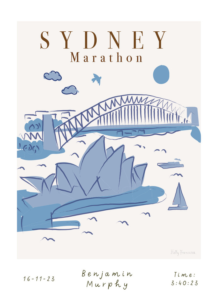 Illustrated hand drawn Sydney Marathon Scene Landmarks art print by artist Holly Francesca.