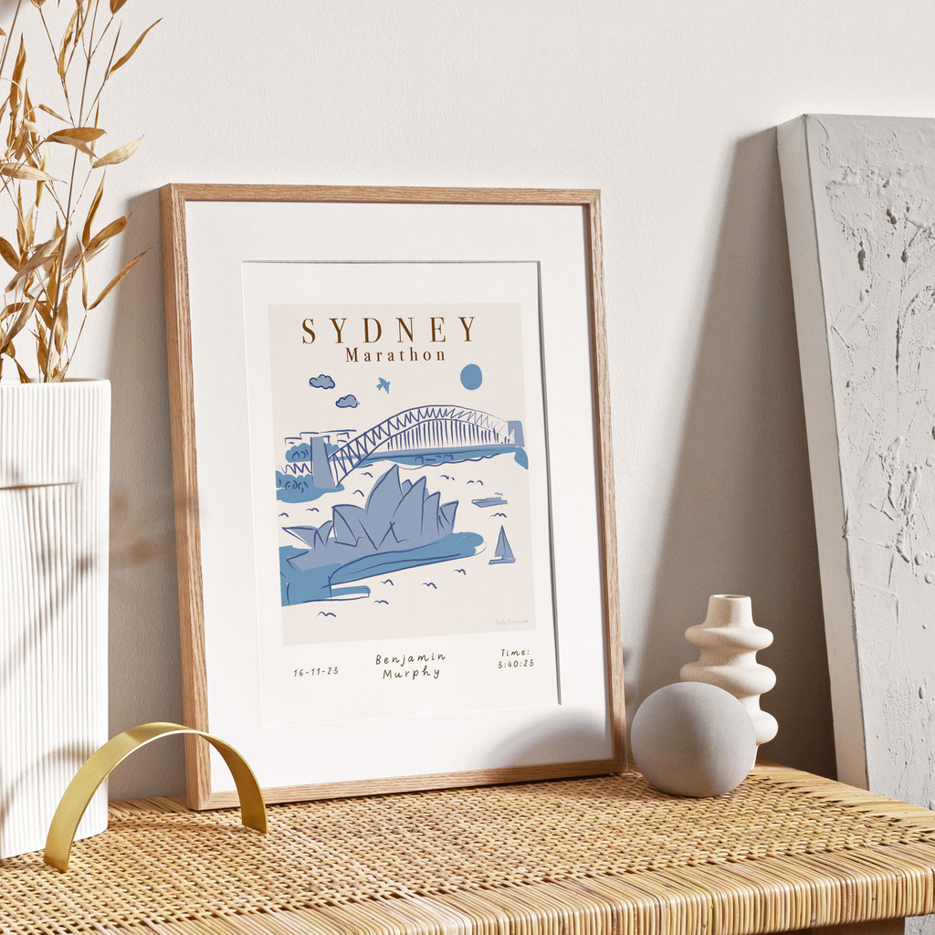 Illustrated hand drawn Sydney Marathon Scene Landmarks art print by artist Holly Francesca.