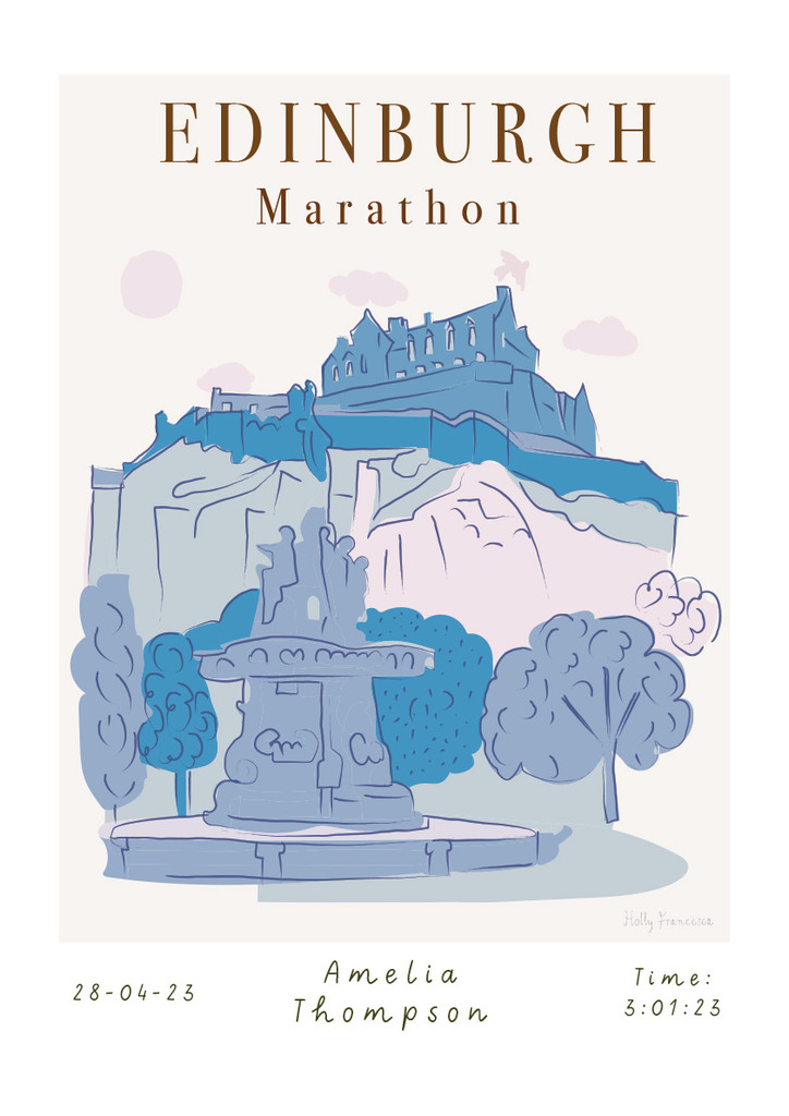 Illustrated hand drawn Edinburgh Marathon Scene Landmarks art print by artist Holly Francesca.