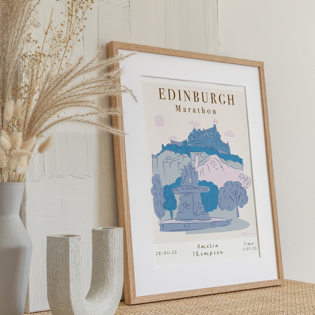 Illustrated hand drawn Edinburgh Marathon Scene Landmarks art print by artist Holly Francesca.