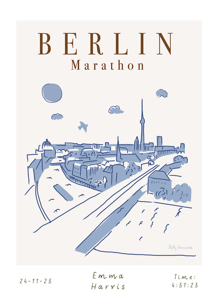 Illustrated hand drawn Berlin Marathon Scene Landmarks art print by artist Holly Francesca.