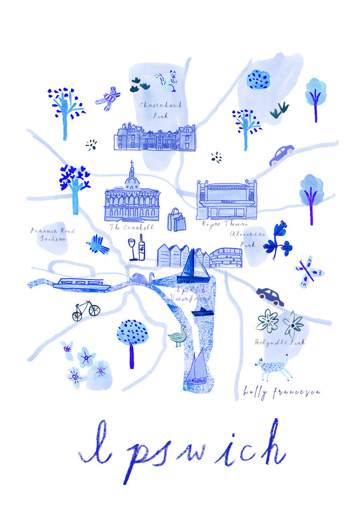 Ipswich Map - Blue Landmarks Travel Art Print by UK artist & illustrator Holly Francesca