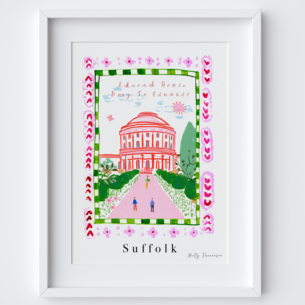 Ickworth House, Suffolk Scene - Patterned Landscapes: Heritage Pink Edition Print by artist and illustrator Holly Francesca