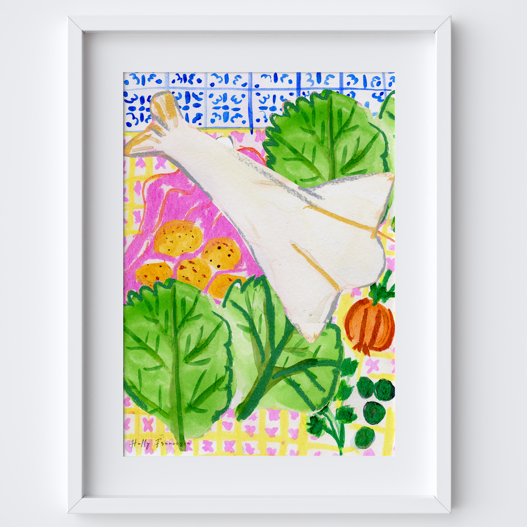 Bacalhau Table Scene Art Print - Portuguese Dish Salted Codfish - Watercolour Pastel Poster by artist Holly Francesca