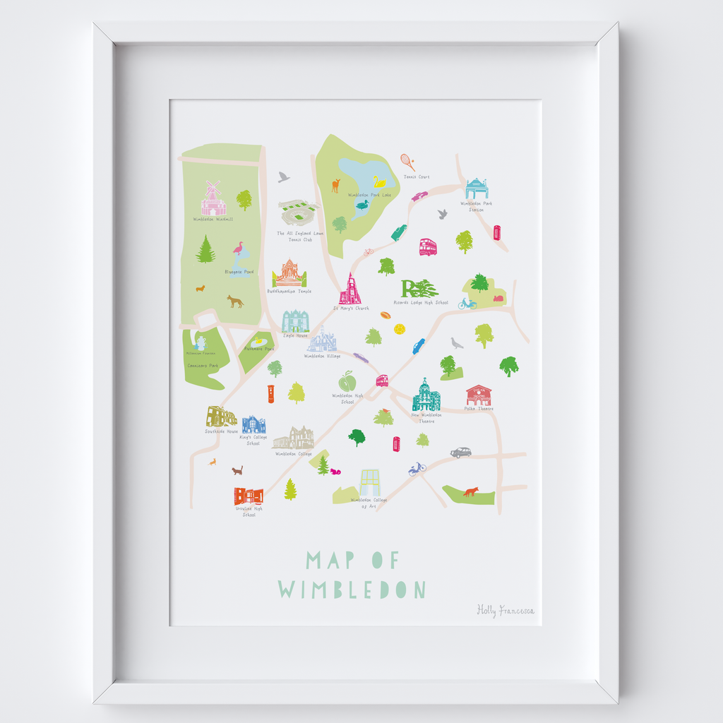 Illustrated hand drawn Map of Wimbledon art print by artist Holly Francesca.