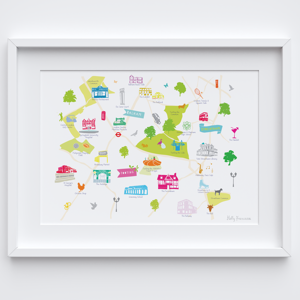 Illustrated hand drawn Map of Balham, Tooting & Streatham art print by artist Holly Francesca.