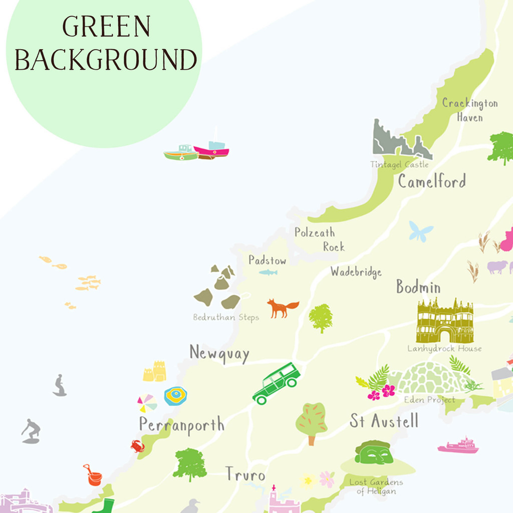 Illustrated hand drawn Map of Cornwall art print by artist Holly Francesca.