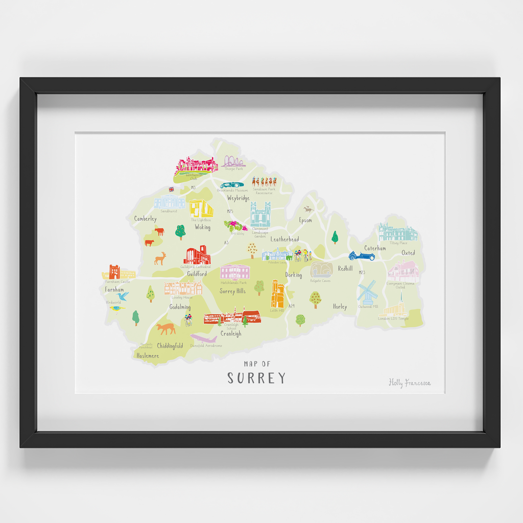 Map of Surrey South West England framed print illustration