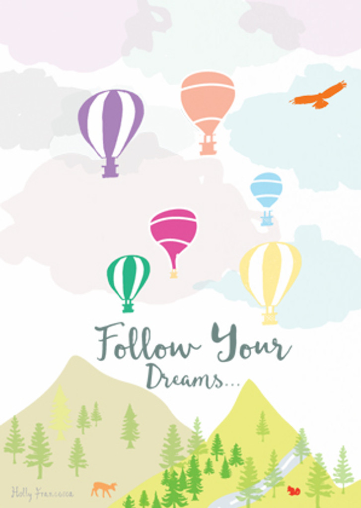 Illustrated hand drawn Follow your Dreams scene art print by artist Holly Francesca.