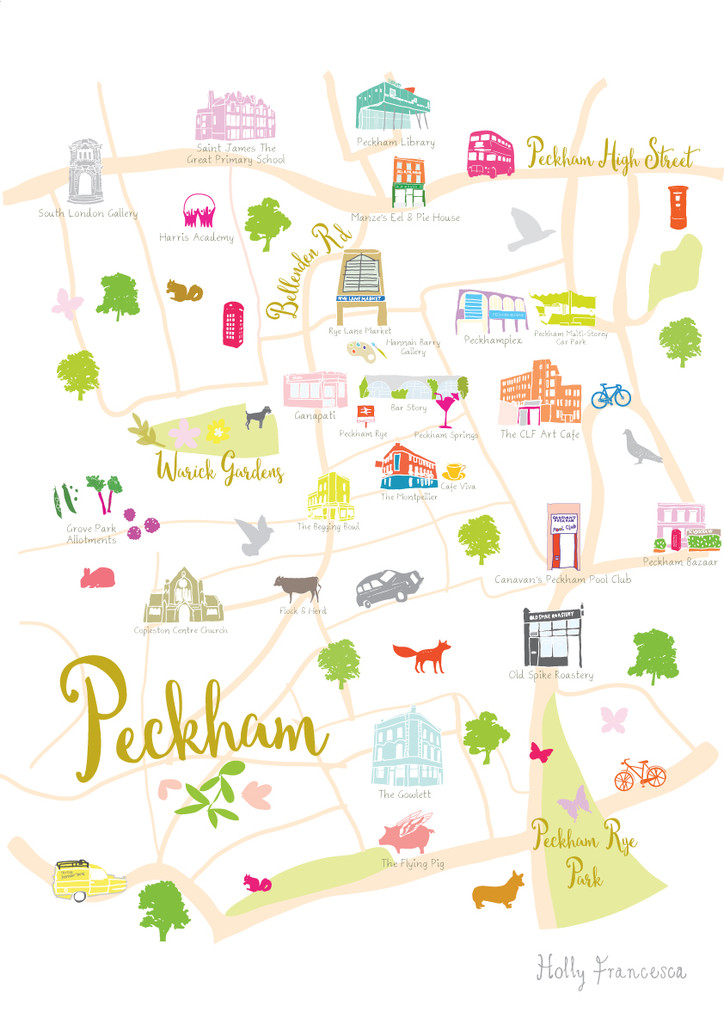 Illustrated hand drawn Map of Peckham art print by artist Holly Francesca.
