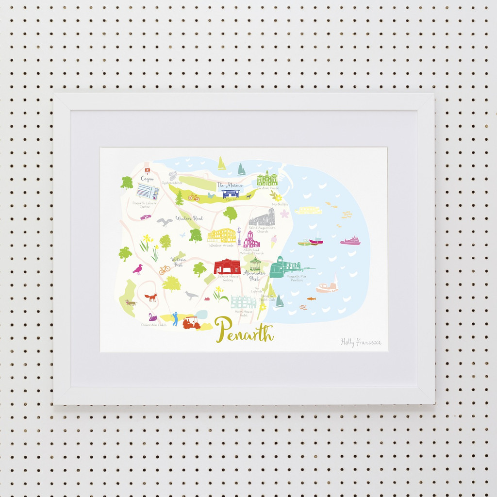 Illustrated hand drawn Map of Penarth art print by artist Holly Francesca.