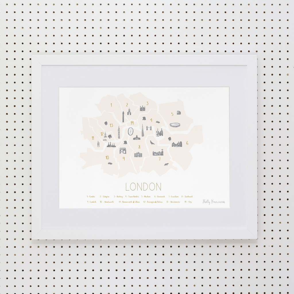 Illustrated hand drawn Map of the London Boroughs 'Minimalist' art print by artist Holly Francesca.