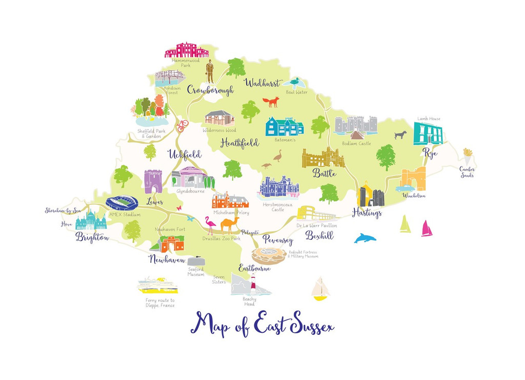 Illustrated hand drawn Map of East Sussex by UK artist Holly Francesca.