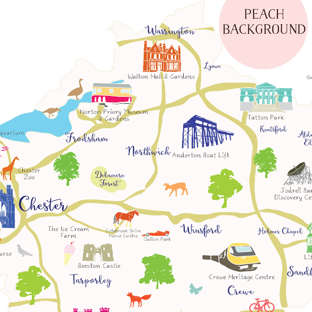 Illustrated hand drawn Map of Cheshire by UK artist Holly Francesca.