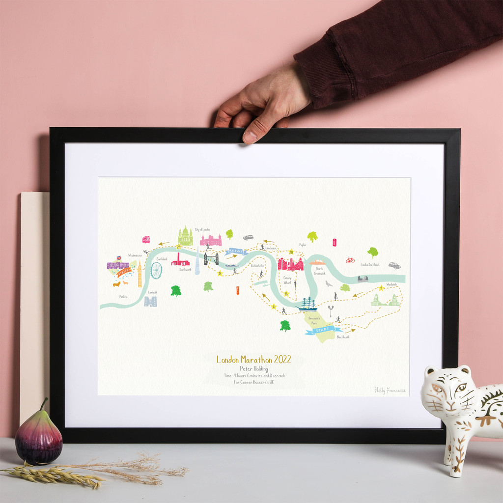 Illustrated hand drawn London Marathon Route Map art print by artist Holly Francesca.