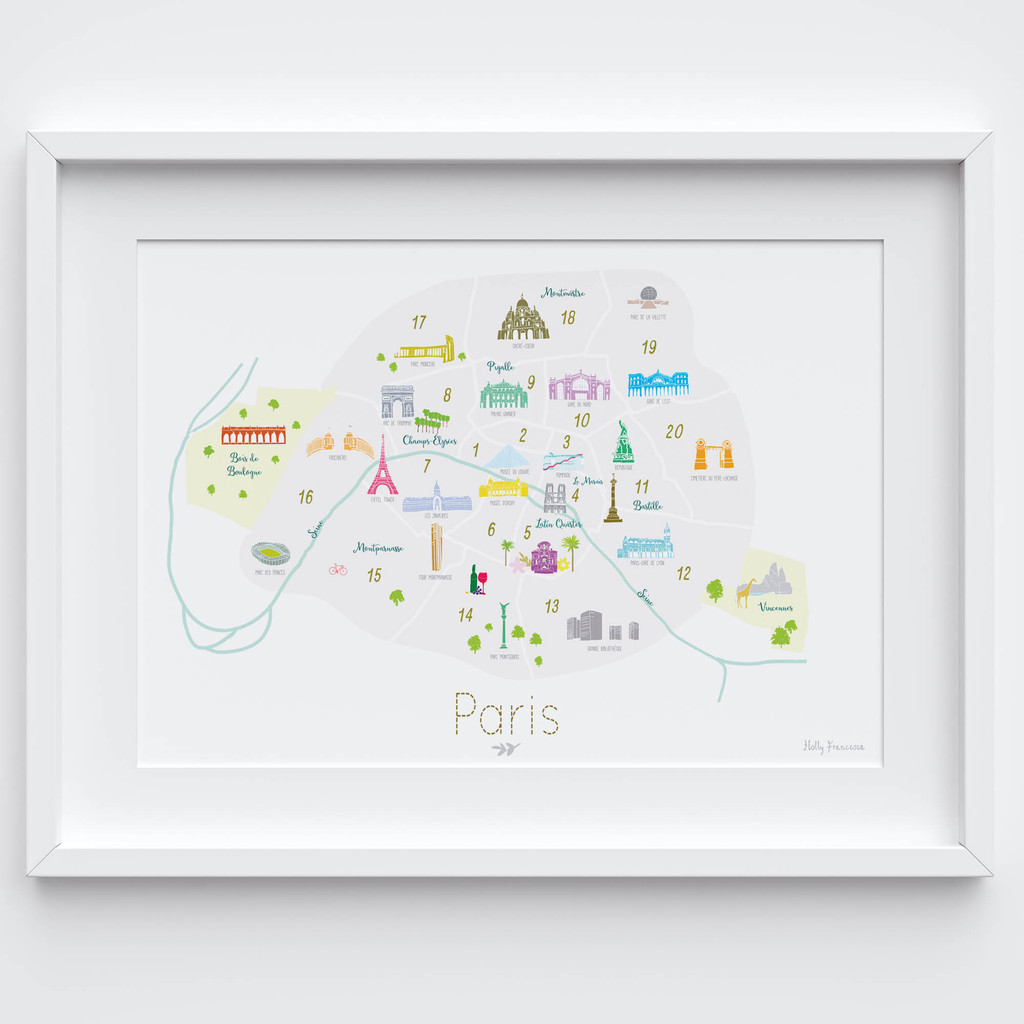 Illustrated hand drawn Map of the Arrondissements of Paris art print by artist Holly Francesca.