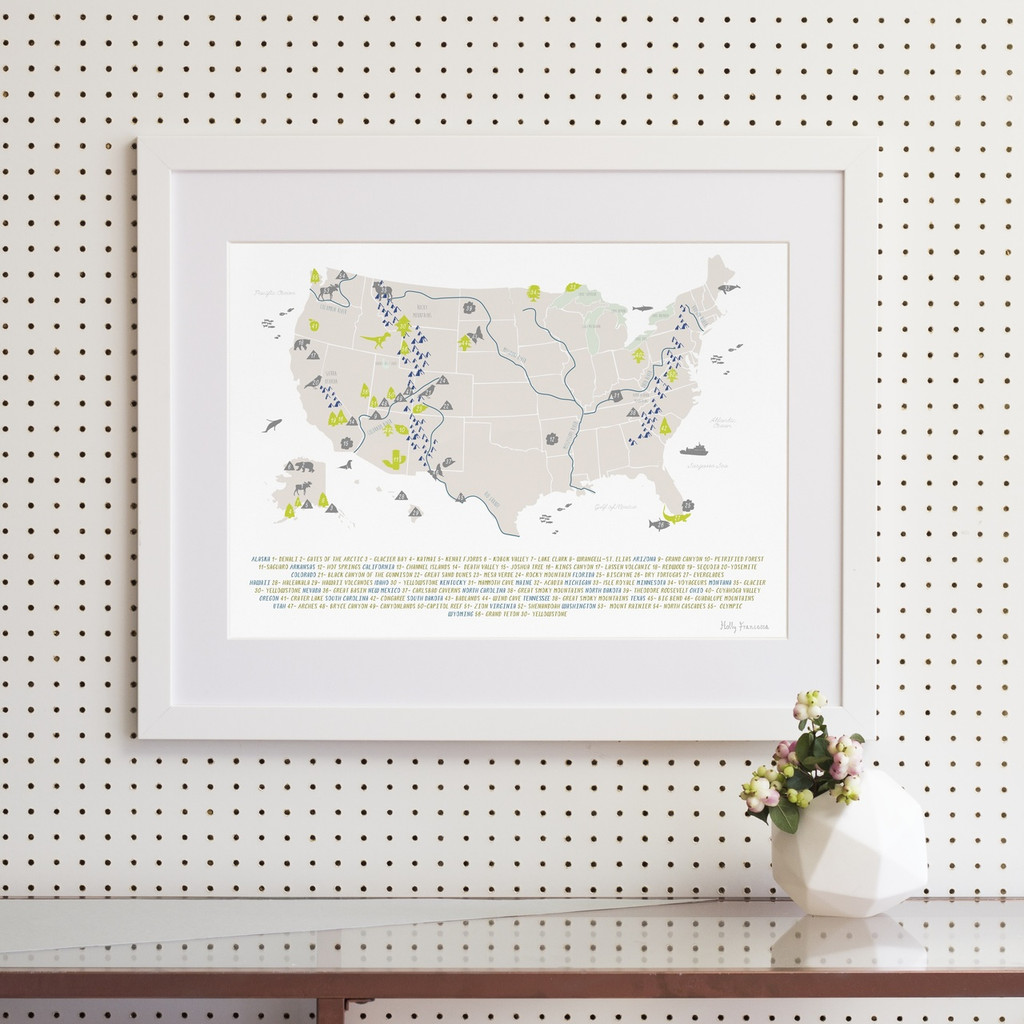 Illustrated hand drawn Map of the National Parks of the USA art print by artist Holly Francesca.