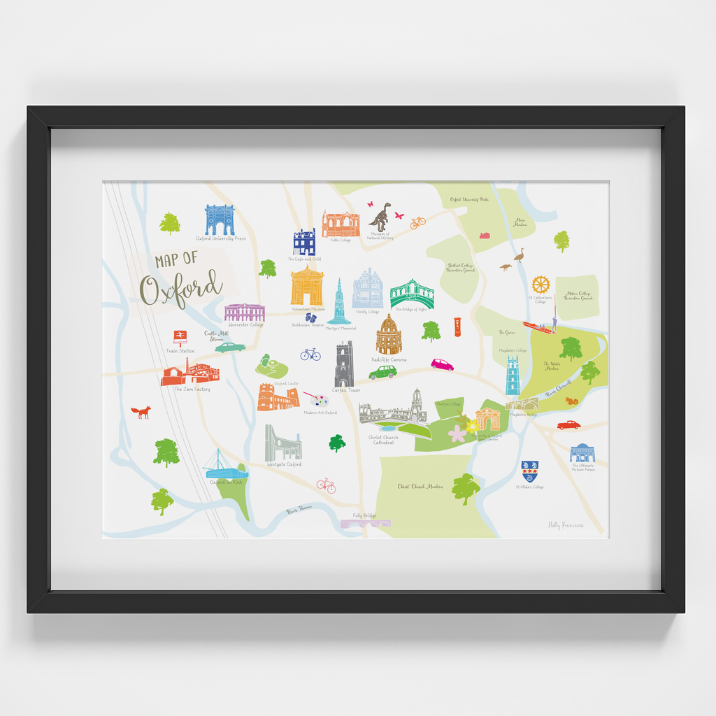 Illustrated hand drawn Map of Oxford art print by artist Holly Francesca.