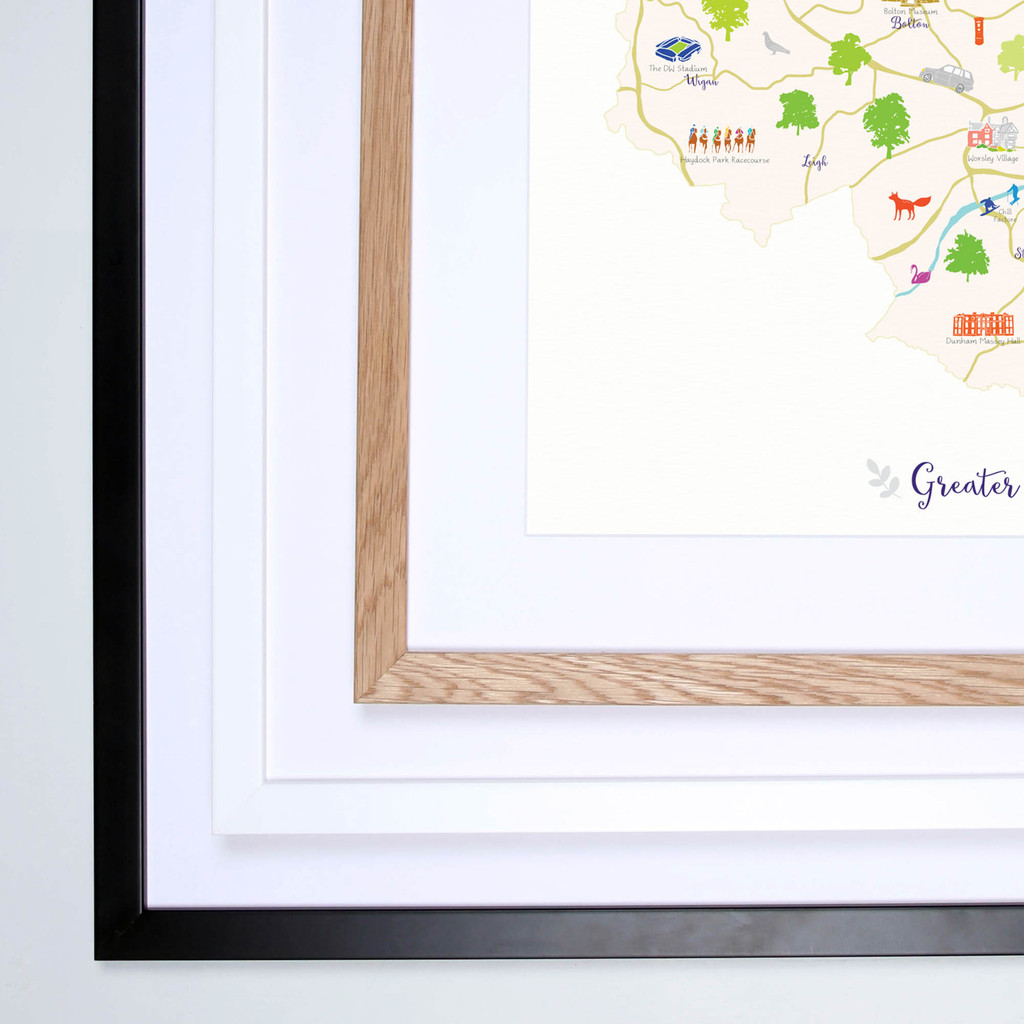 Map of Greater Manchester in North West England framed print illustration