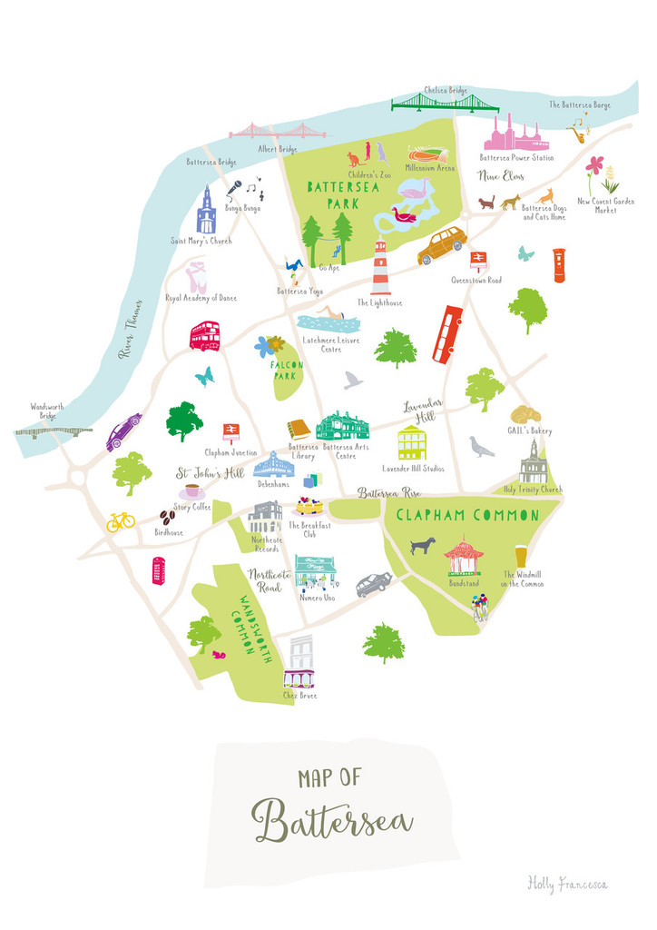 Illustrated hand drawn Map of Battersea art print by artist Holly Francesca.