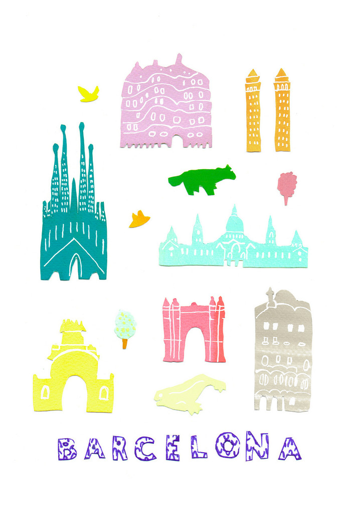 Illustrated papercut Barcelona landmark buildings art print by artist Holly Francesca.