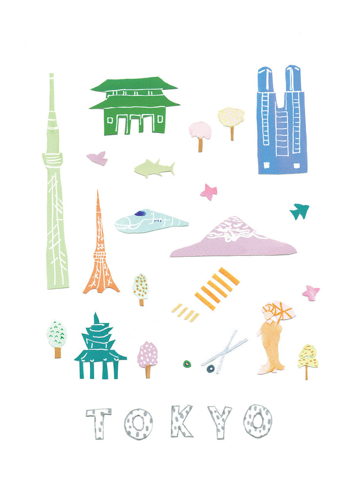 Illustrated papercut Tokyo landmark buildings art print by artist Holly Francesca.