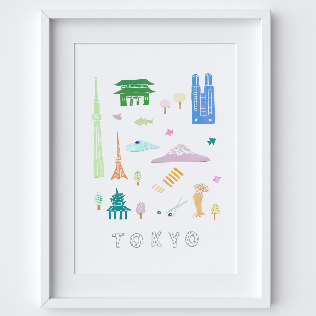 Illustrated papercut Tokyo landmark buildings art print by artist Holly Francesca.