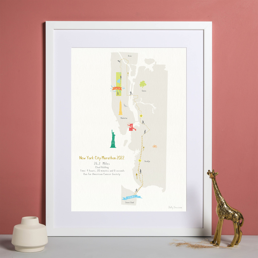 Illustrated hand drawn 2022 New York City Marathon Route Map art print by artist Holly Francesca.