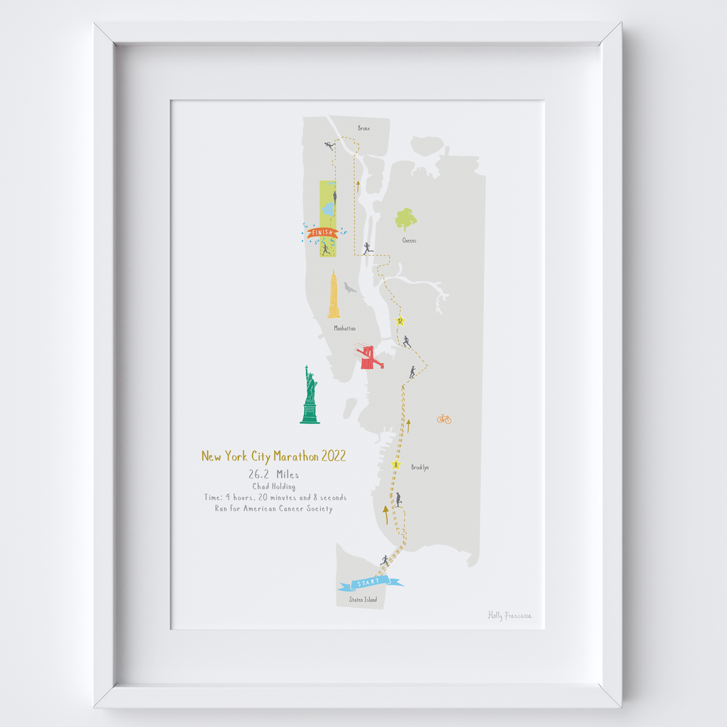 Illustrated hand drawn 2022 New York City Marathon Route Map art print by artist Holly Francesca.