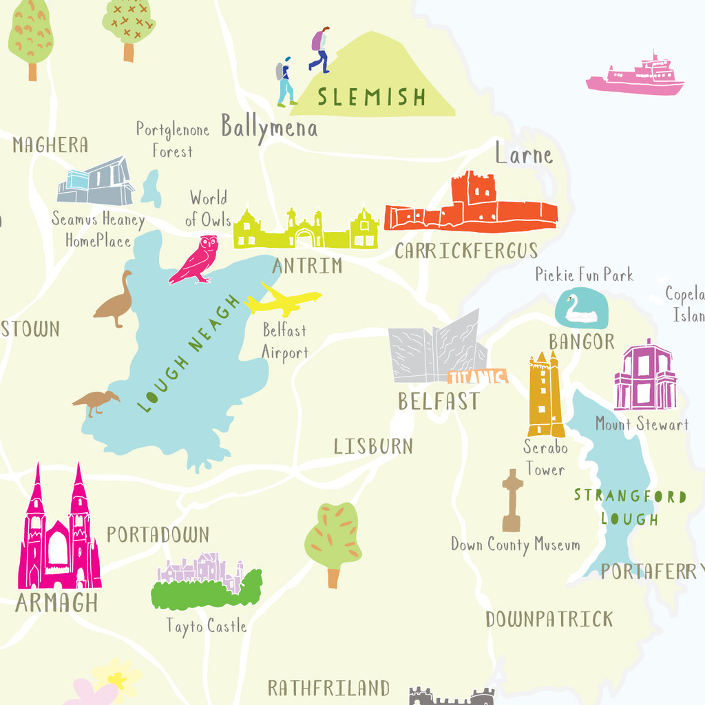 Illustrated hand drawn Map of Northern Ireland art print by artist Holly Francesca.