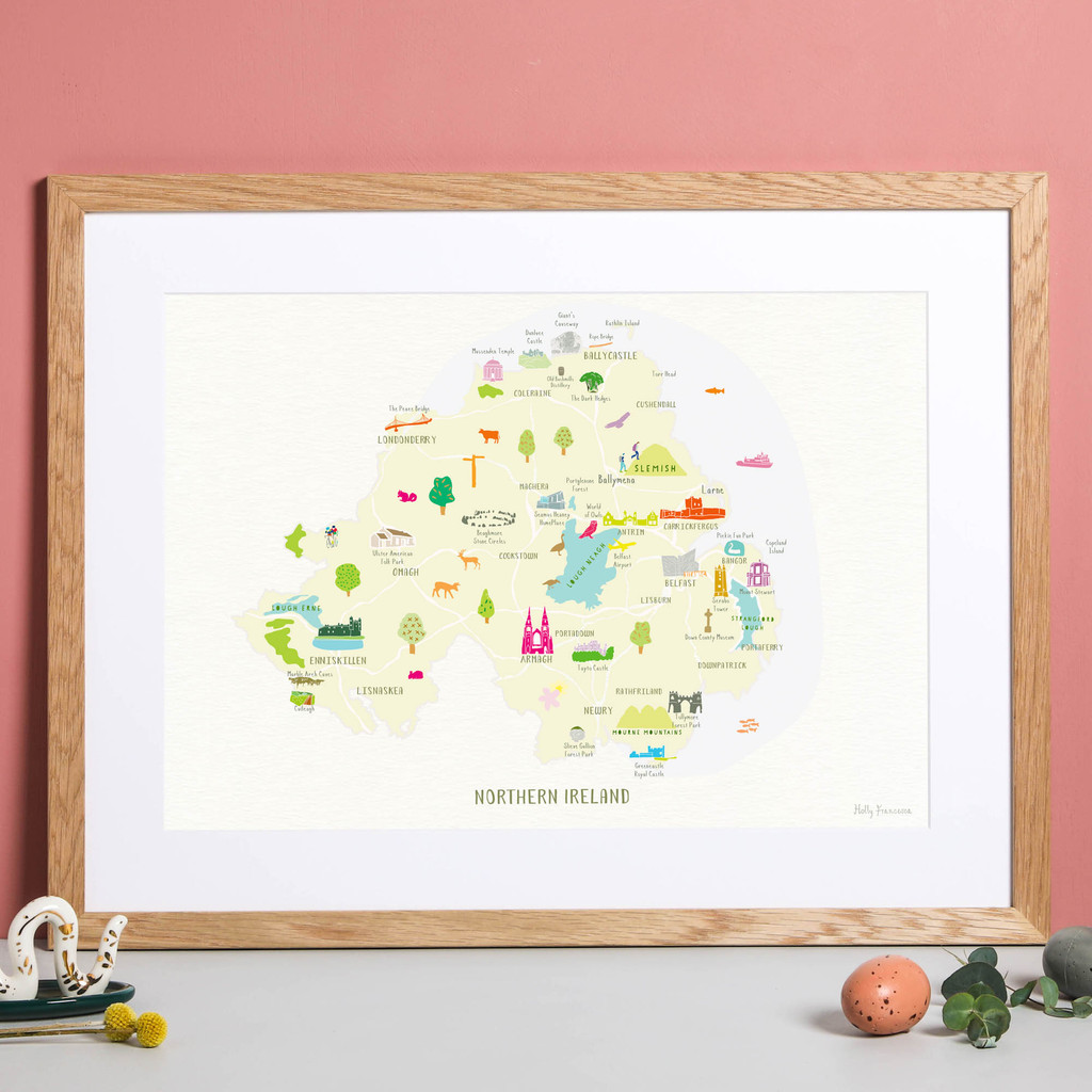 Illustrated hand drawn Map of Northern Ireland art print by artist Holly Francesca.