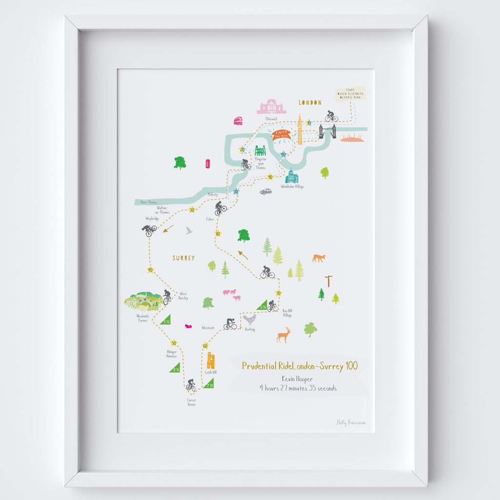 Illustrated hand drawn RideLondon-Surrey 46 & 100 Route Map art print by artist Holly Francesca.