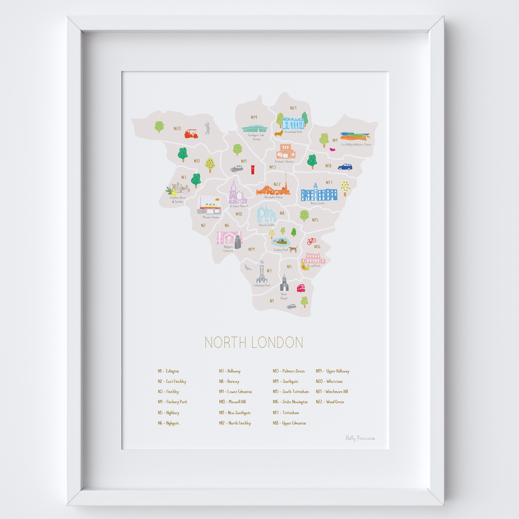 Illustrated hand drawn Map of North London Postcodes art print by artist Holly Francesca.