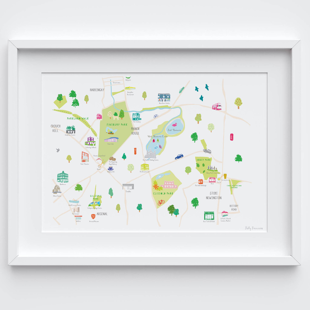 Illustrated hand drawn Finsbury Park & Stoke Newington map by UK artist Holly Francesca. All prints can come framed or unframed.