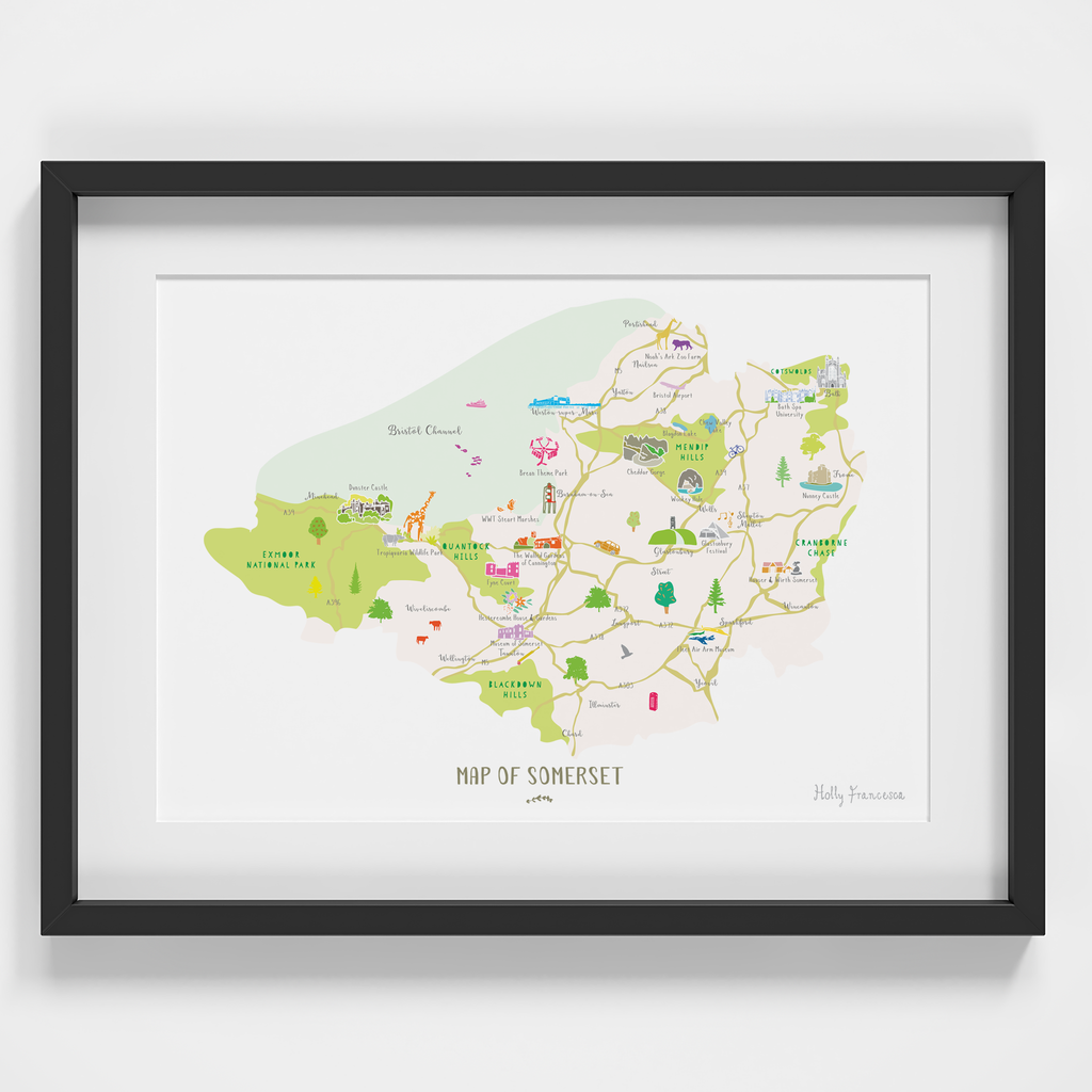 Illustrated hand drawn Map of Somerset art print by artist Holly Francesca. 