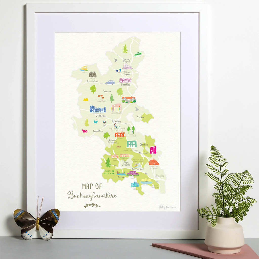 Illustrated hand drawn Map of Buckinghamshire art print by artist Holly Francesca. 