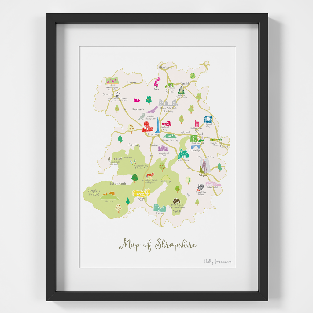 Illustrated hand drawn Map of Shropshire art print by artist Holly Francesca. 