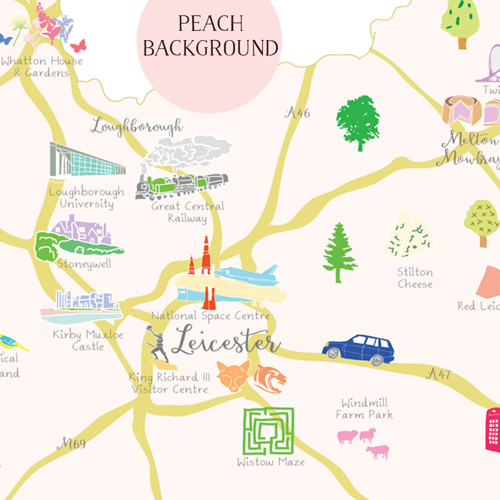 Illustrated Hand Drawn Map Of Leicestershire Art Print By Artist Holly Illustrated Hand Drawn Map Of Leicestershire Art Print By Artist Holly
