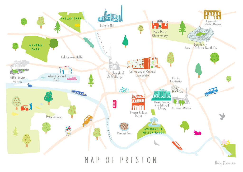 Illustrated hand drawn Map of Preston art print by artist Holly Francesca.