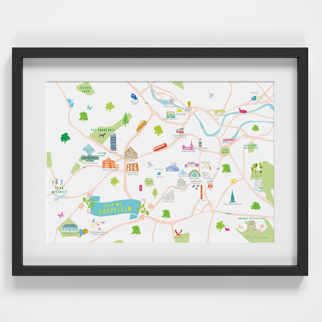 Illustrated hand drawn Map of Sheffield art print by artist Holly Francesca.