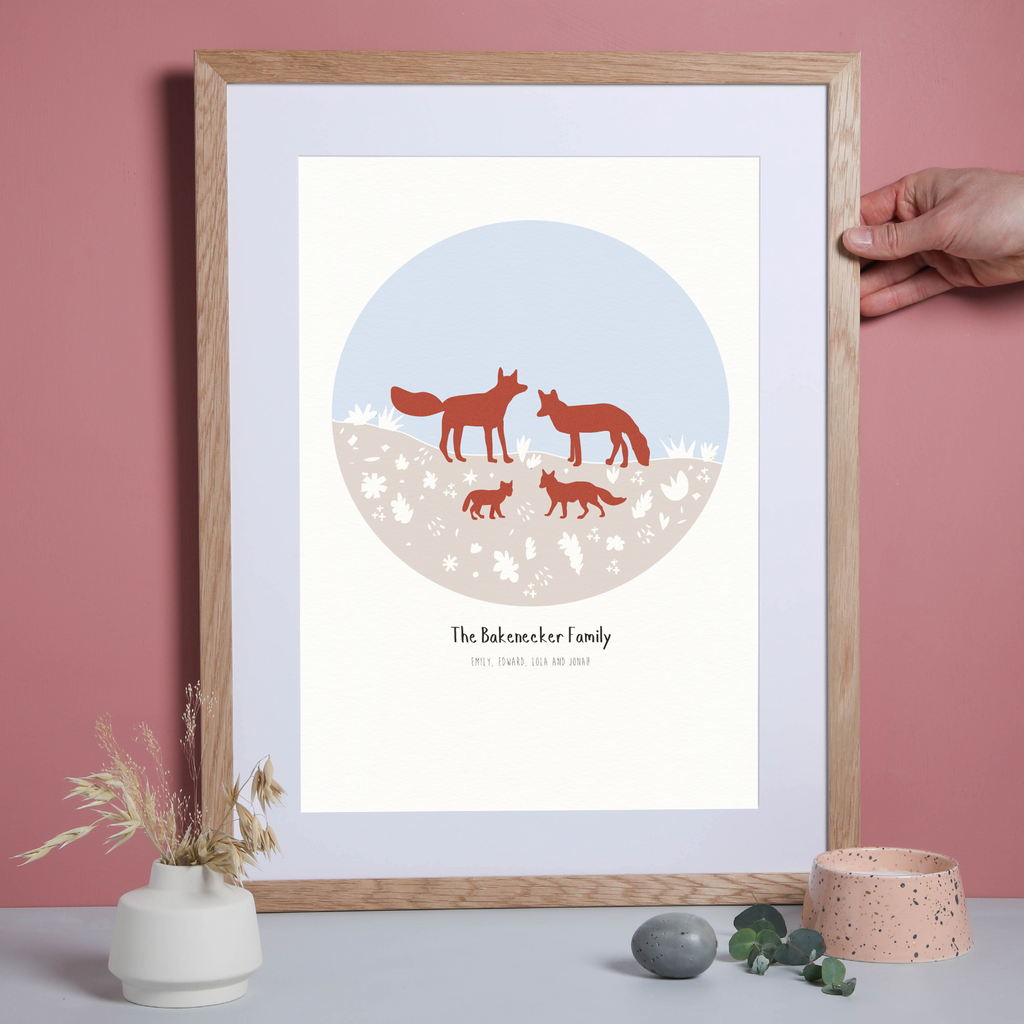 Personalised Fox Family Art Print illustration can come framed or unframed.