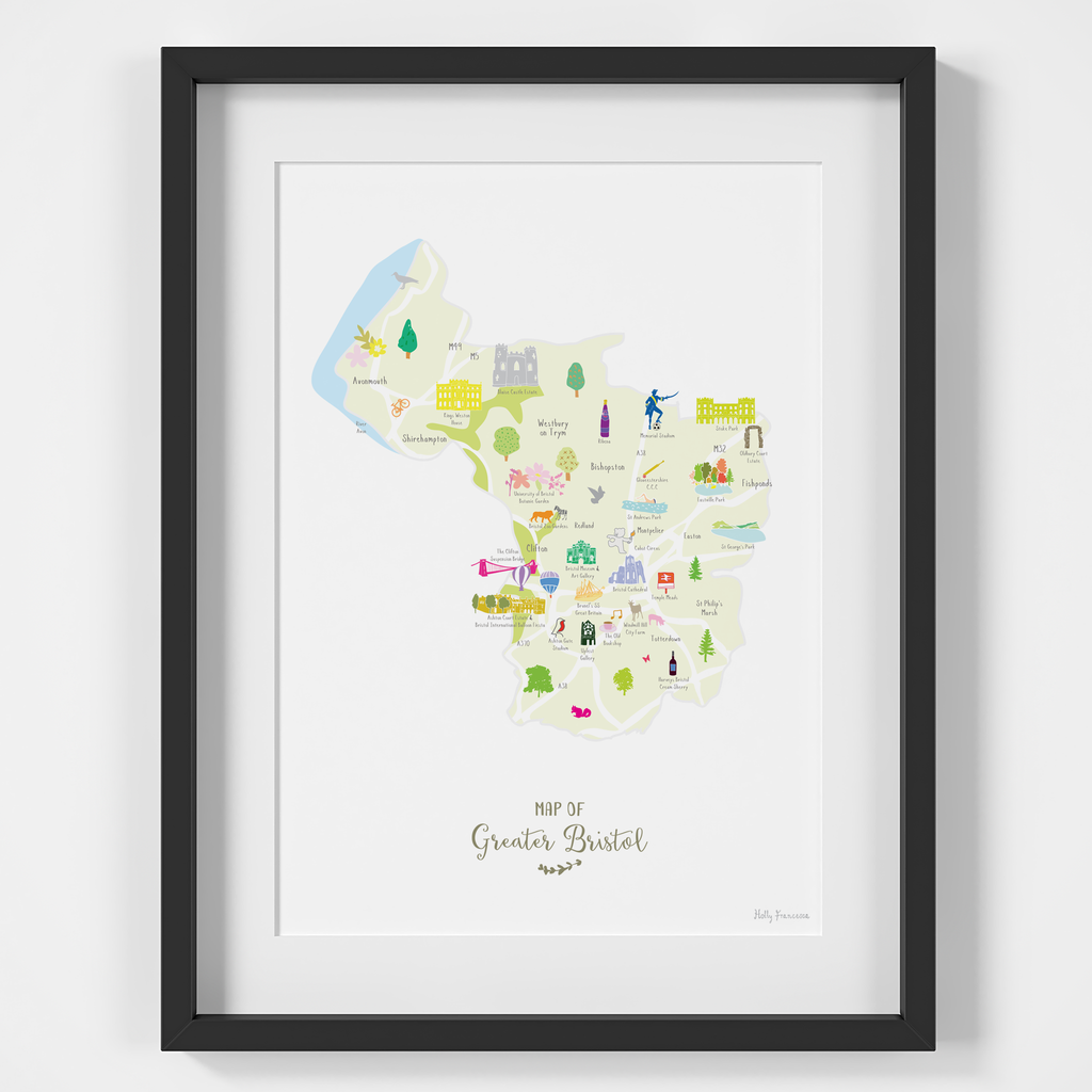 Illustrated hand drawn Map of Greater Bristol art print by artist Holly Francesca. All prints can come framed or unframed.