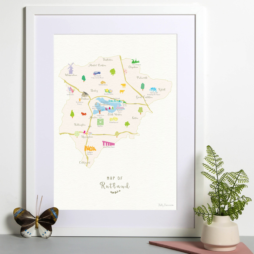 Illustrated hand drawn Map of Rutland art print by artist Holly Francesca. All prints can come framed or unframed.