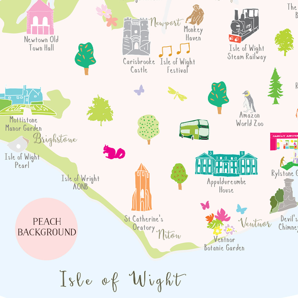 Illustrated hand drawn Map of Isle of Wight art print by artist Holly Francesca. All prints can come framed or unframed.