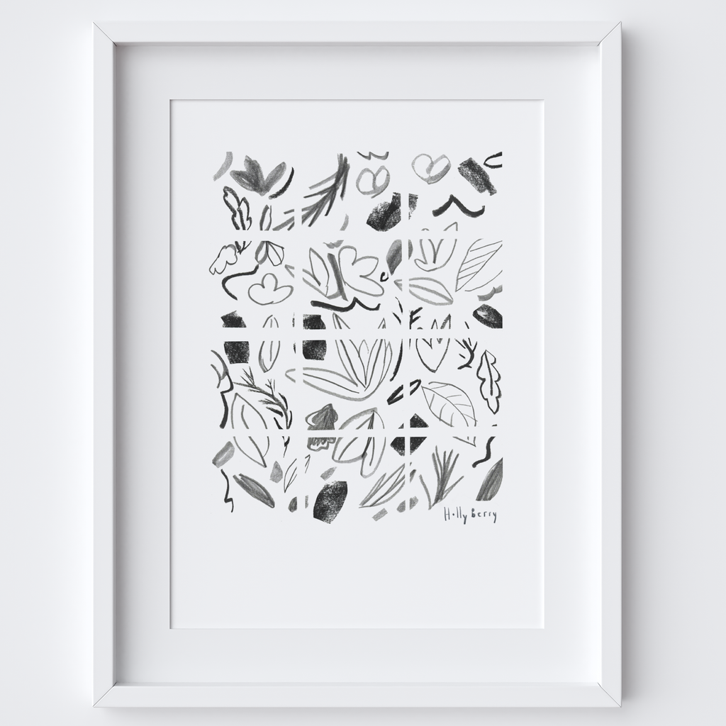 Geometric Monochrome Florals Drawing Framed Print
