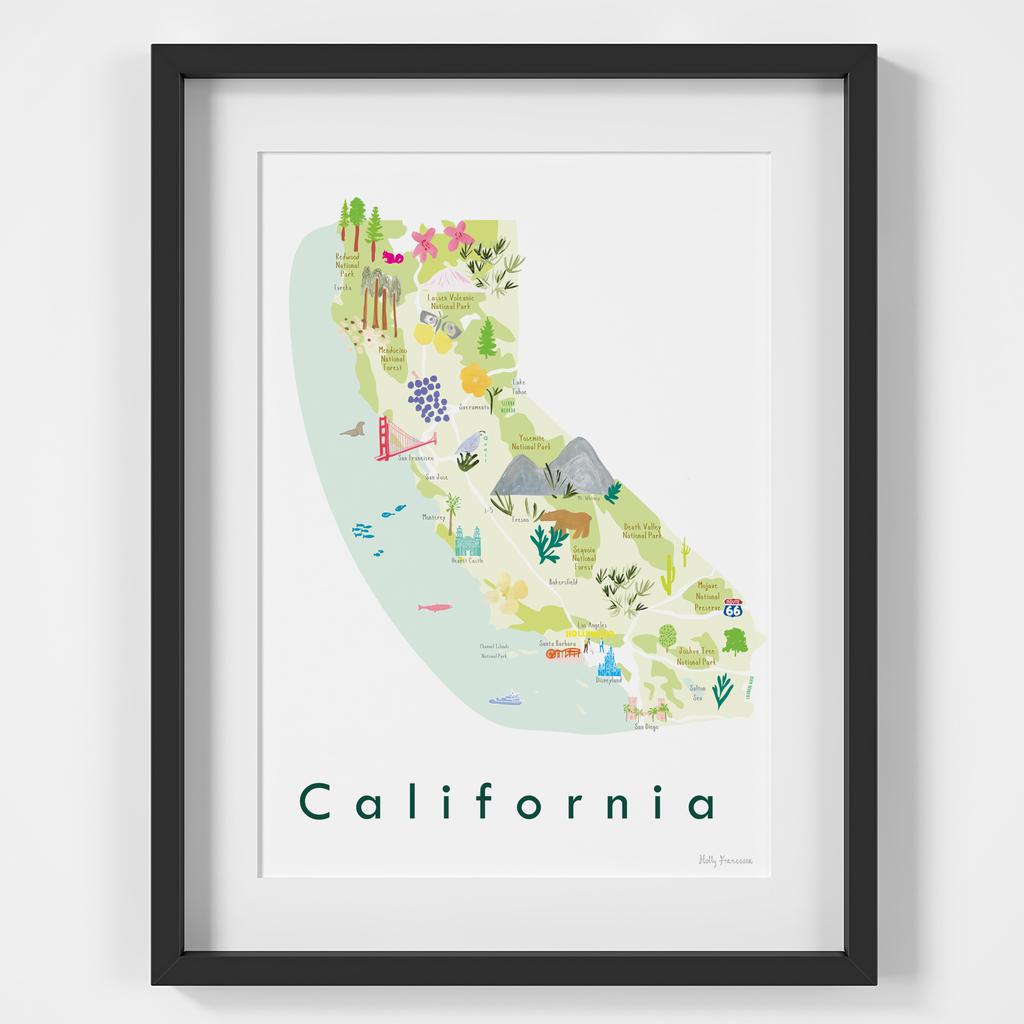 Illustrated painted Map of California, CA, USA framed print