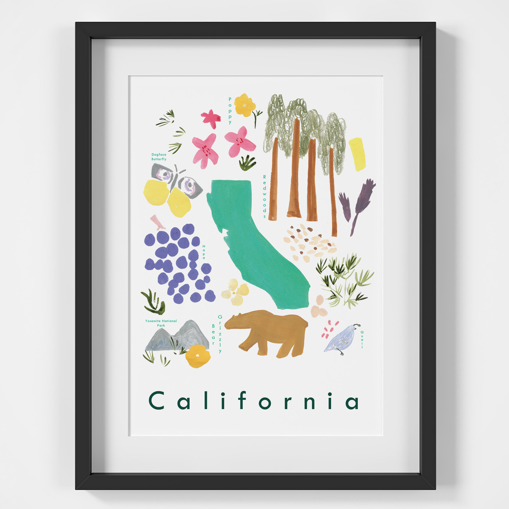 Illustrated hand drawn State Symbols of California art print by artist