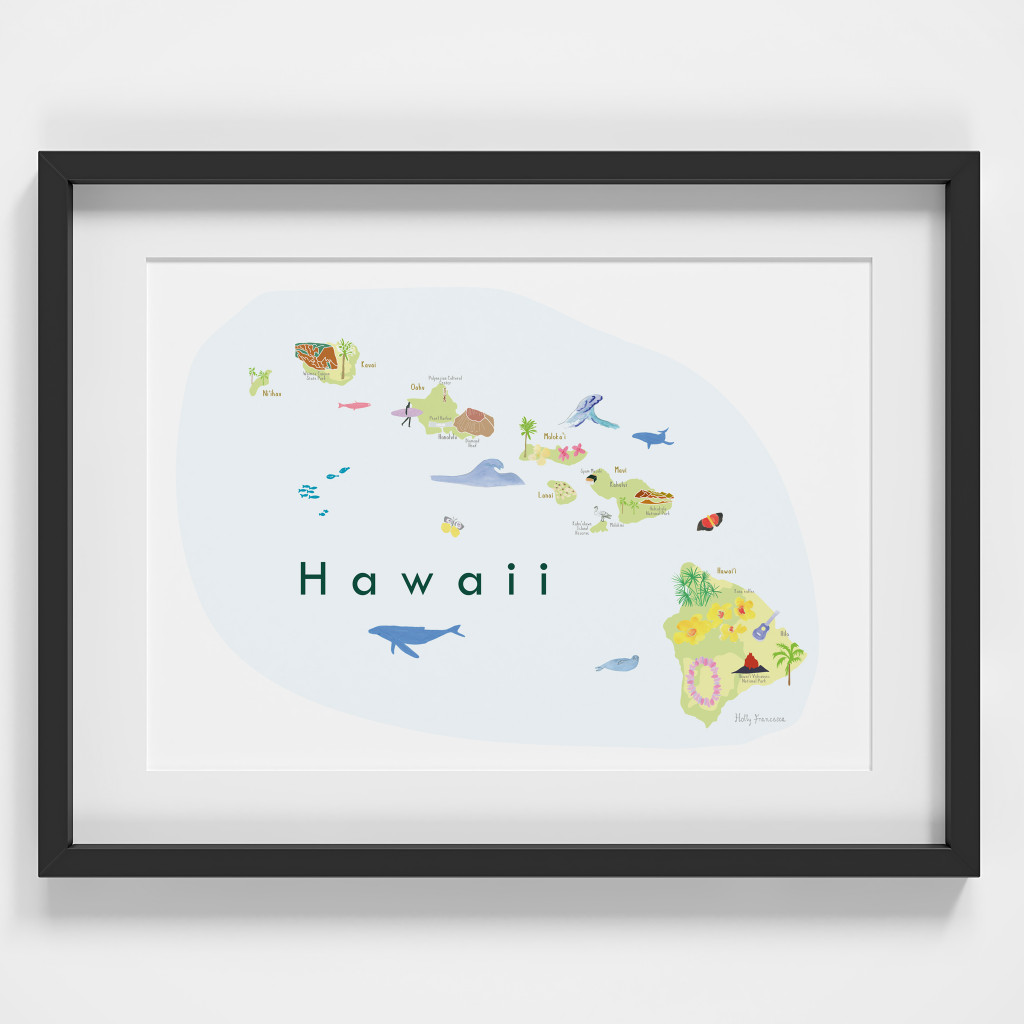 Illustrated Hawaii State Map Art Print framed. Create with original paintings and drawings.