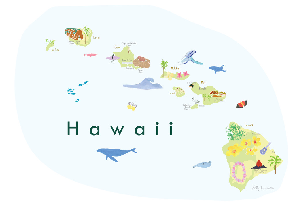 Illustrated Hawaii State Map Art Print unframed. Create with original paintings and drawings.