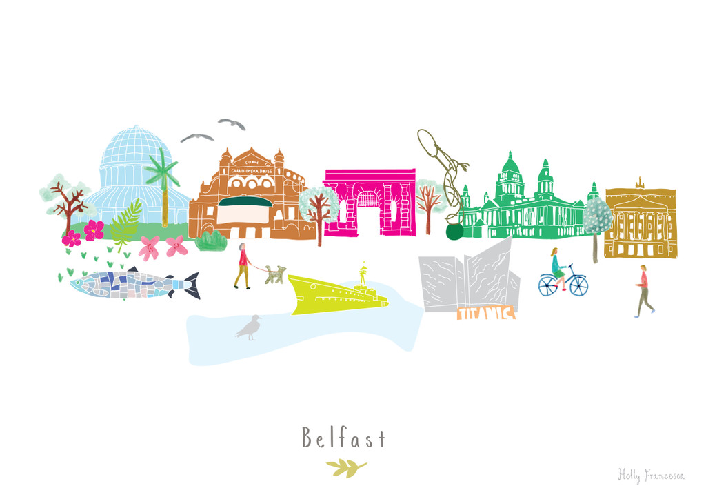 Hand Drawn Belfast Skyline Cityscape Art Print by artist Holly Francesca